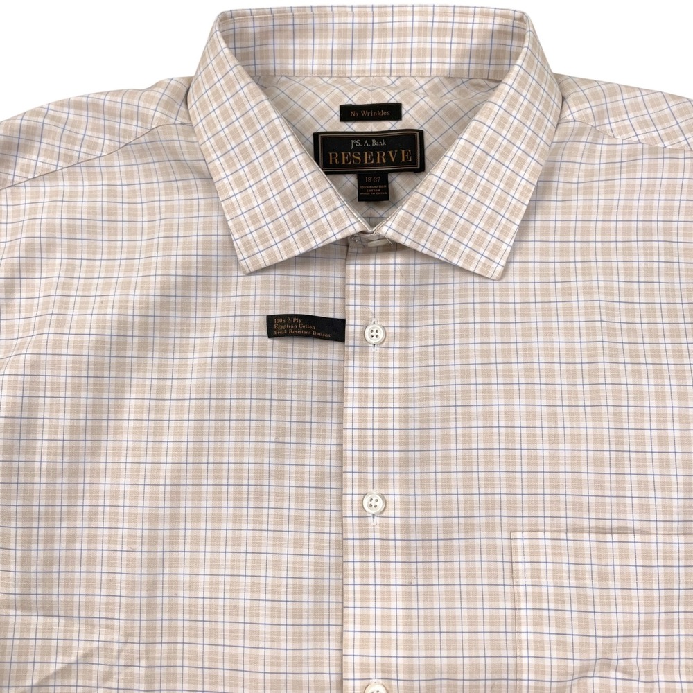 Jos‎ A Bank Reserve Shirt Men 16 1/2 37 Beige Blue Check Egyptian Cotton Dress